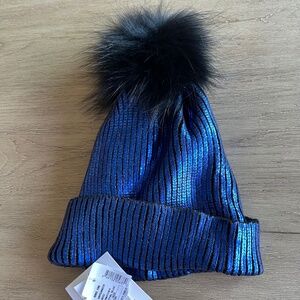 Adrienne Landau Metallic Faux Fur Pom Pom Beanie